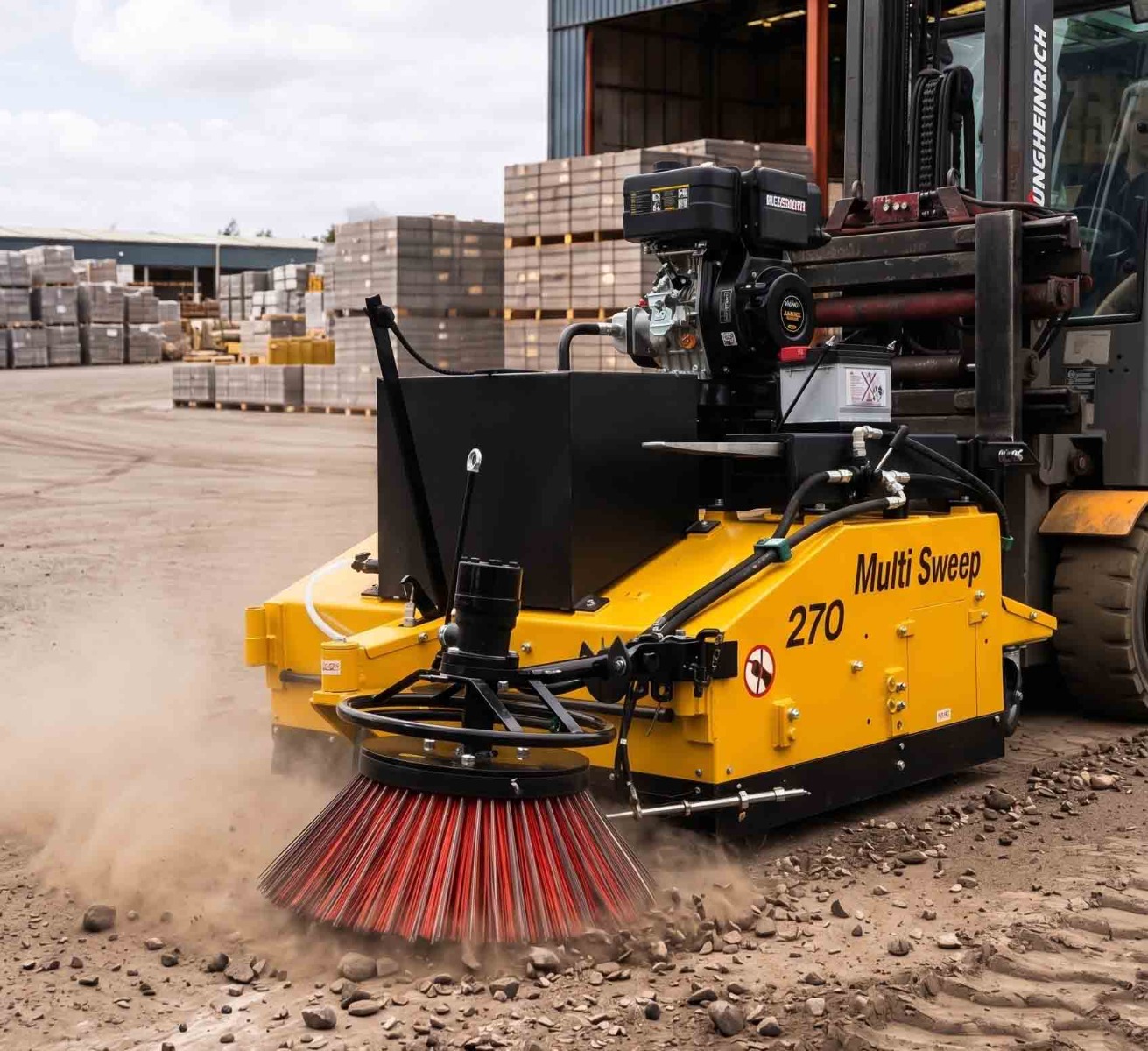 Forklift road sweeper cleaning an industrial yard