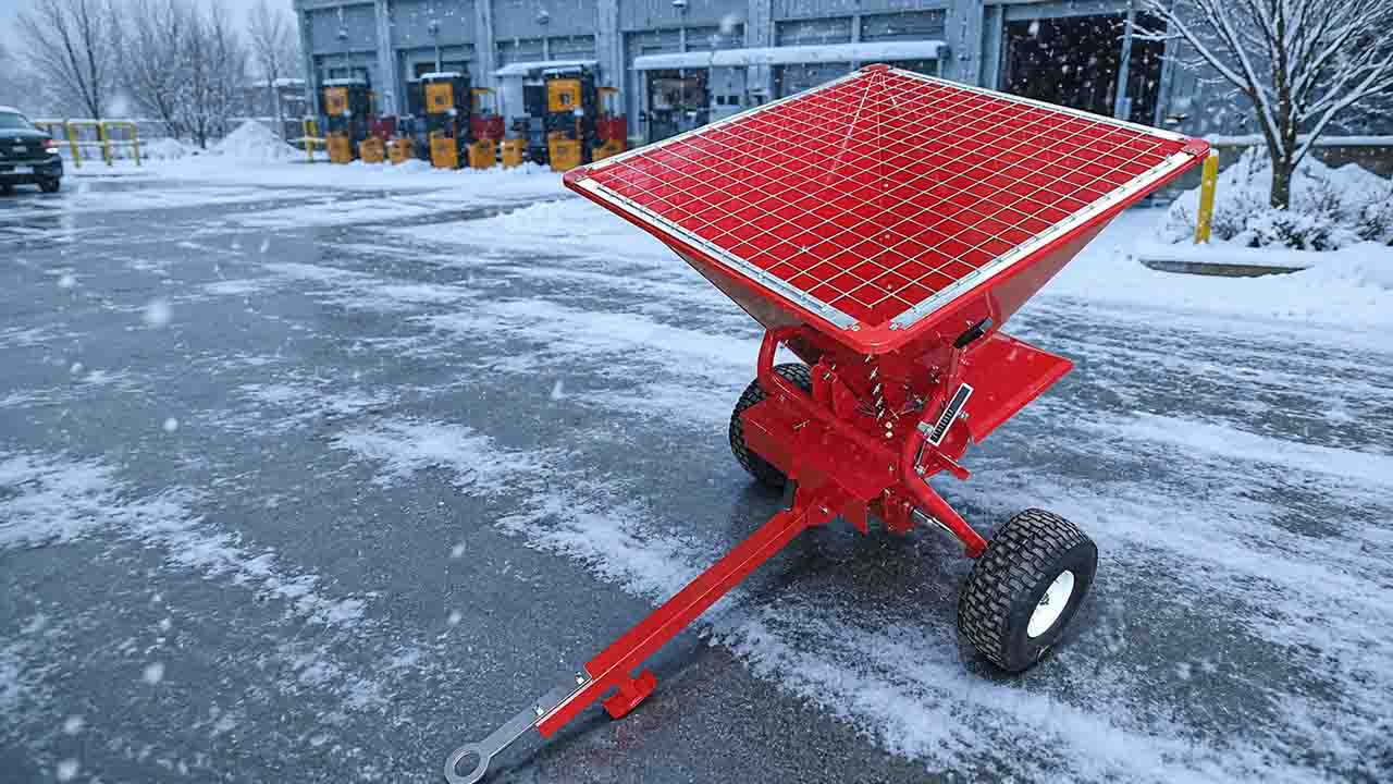 Forklift towable salt spreader for commercial winter gritting
