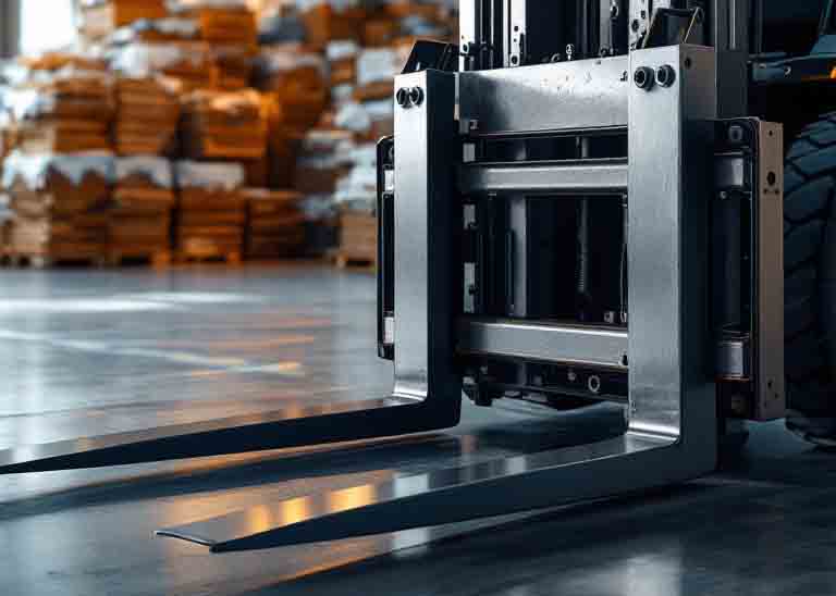 Close-up of recyclable steel forklift attachment in a warehouse, highlighting sustainable materials