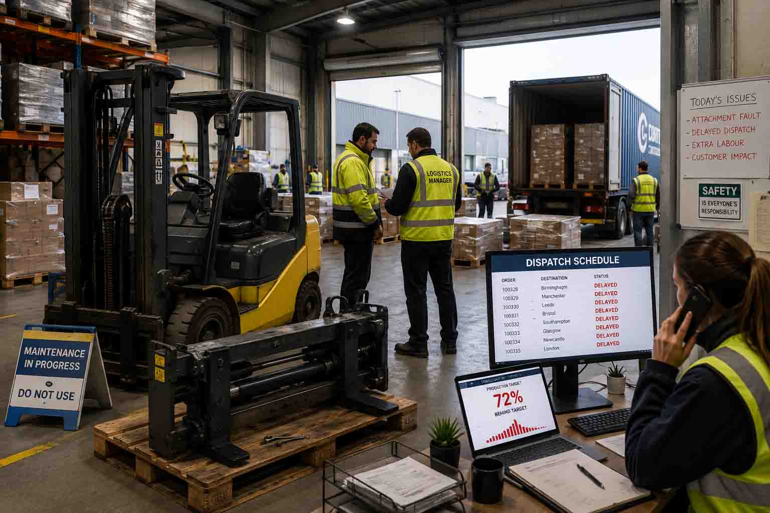 Forklift attachment downtime disrupting warehouse operations