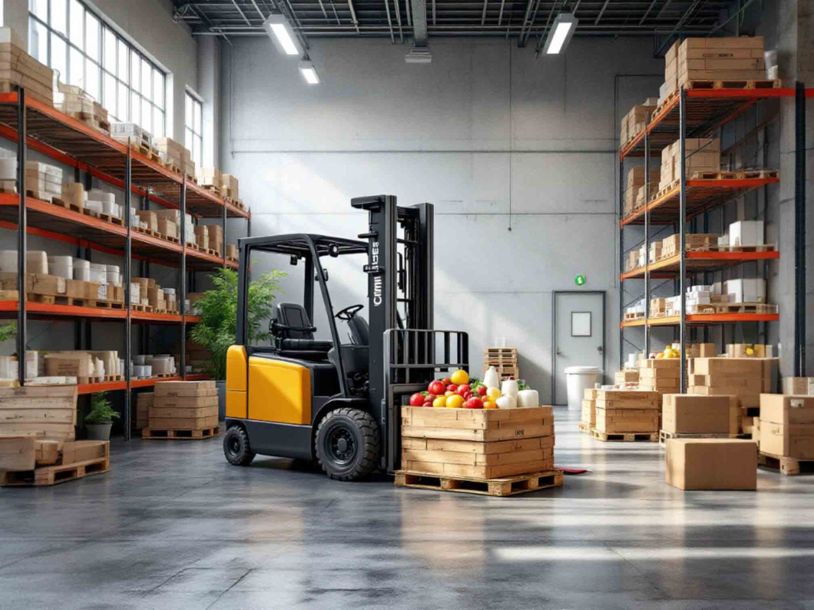 Modern warehouse with eco-friendly forklift handling food crates, showcasing sustainable attachments and energy-efficient lighting
