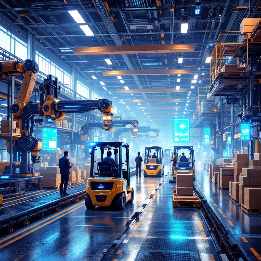 Automated warehouse robots and forklifts working together to move goods efficiently